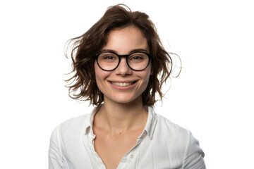 Studio portrait of a beautiful young Caucasian Americana business woman wear glasses and casual shirt with an attractive smile, isolated on transparent png background.