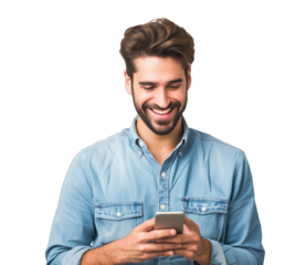 Happy caucasian young man using smart phone cellphone for calls, social media, mobile application online isolated on transparent background