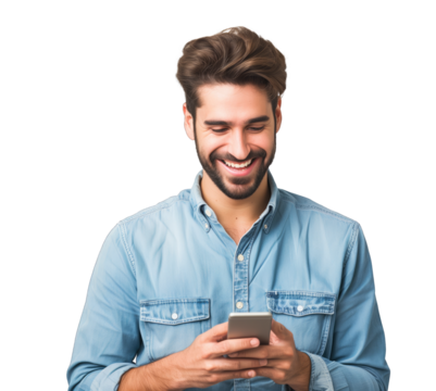 Happy caucasian young man using smart phone cellphone for calls, social media, mobile application online isolated on transparent background