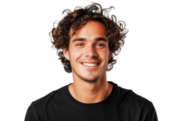 Portrait of happy cheerful handsome guy with brown curly hair isolated on transparent