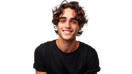 Portrait of happy cheerful handsome guy with brown curly hair isolated on transparent