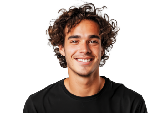 Portrait of happy cheerful handsome guy with brown curly hair isolated on transparent