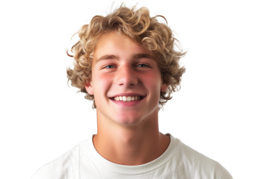 Young satisfied smiling happy attractive cheerful fun caucasian blond curly man isolated on transparent