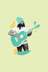 Vertical creative composite image photo collage of cool handsome musician play on drawn guitar...