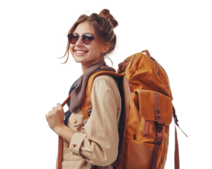 A tourist girl. Hiker woman isolated on transparent background standing with a hat and a backpack. Beautiful Mixed race Asian / Caucasian female ready to outdoors hiking outfit