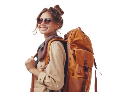 A tourist girl. Hiker woman isolated on transparent background standing with a hat and a backpack. Beautiful Mixed race Asian / Caucasian female ready to outdoors hiking outfit