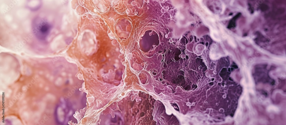 Poster a close up of a violet and peach cell under a microscope, showcasing a beautiful art pattern in shad