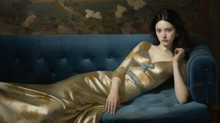 Obraz premium Beautiful, sensual and erotic woman posing on couch. Laid relaxing. Valentines Day digital backdrop, romantic. Chicago style stylish portrait of elegant woman , luxury gracefully