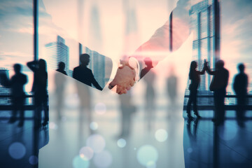 Creative double exposure image blending a firm handshake with a bustling cityscape, symbolizing...
