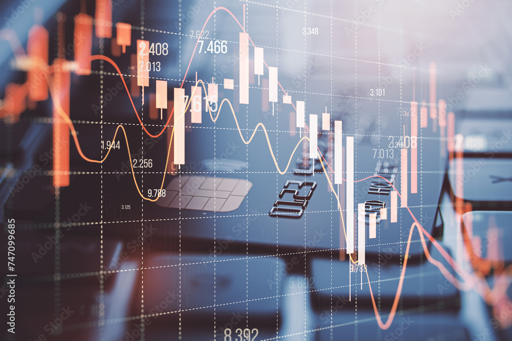Poster close up of laptop keyboard with bank card and falling red forex candlestick chart on blurry backdro