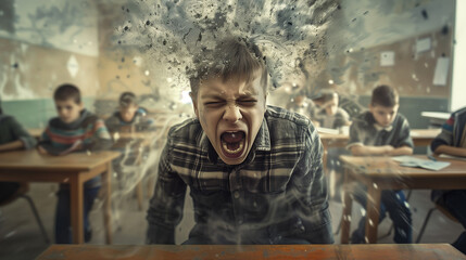 Boy screaming with a visual metaphor of head exploding in class. - obrazy, fototapety, plakaty