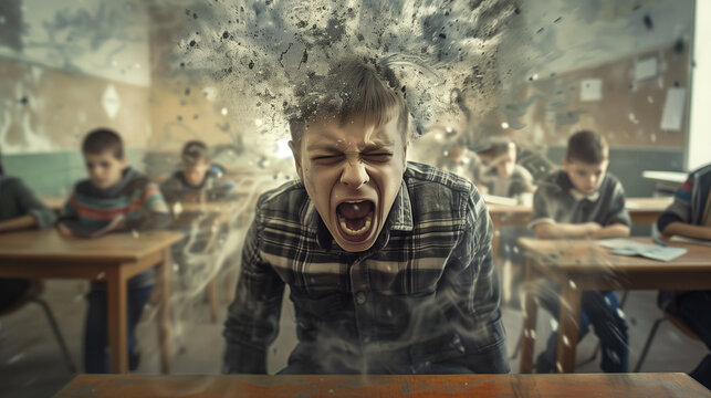 Boy screaming with a visual metaphor of head exploding in class.
