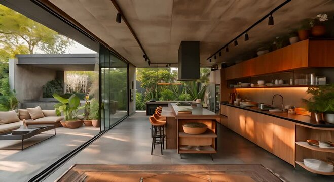 open space kitchen with sliding doors and rooftop patio