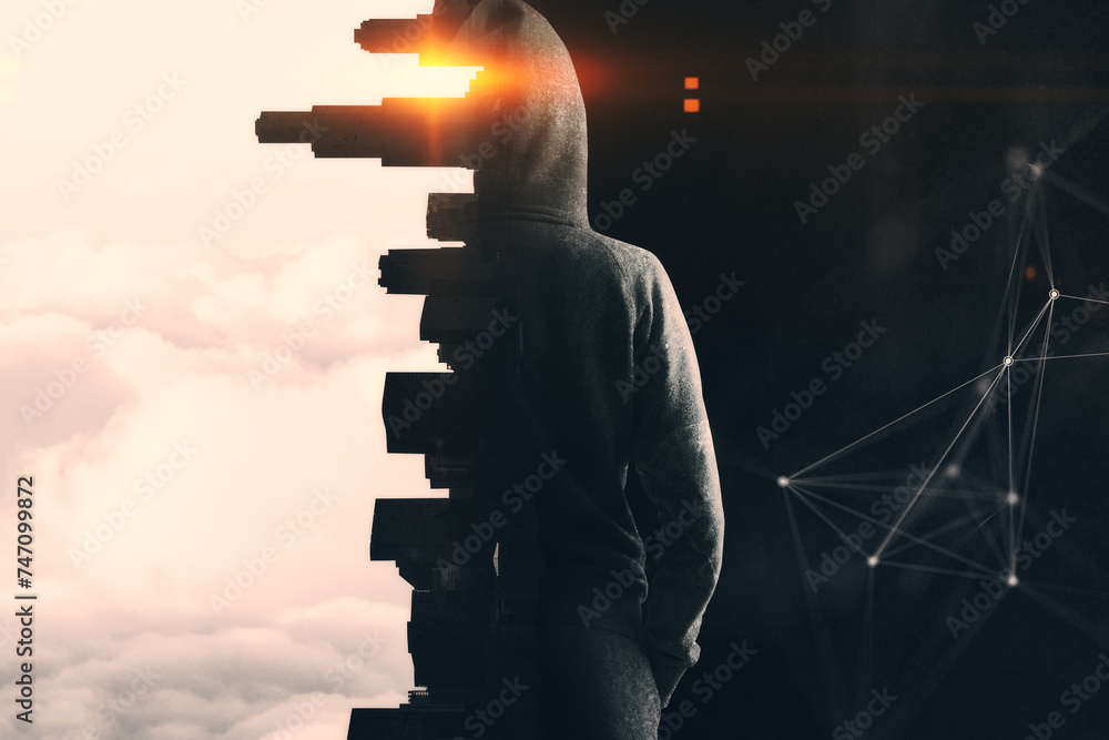 Poster Back view of hacker in hoodie standing on abstract concrete city and sunset polygonal background. Hacking and malware concept. Double exposure.