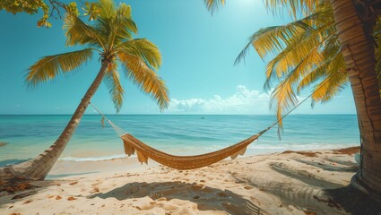 Hammock with palm trees on a tropical beach, summer sea in holiday background