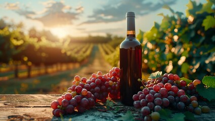 Bottle of red wine with ripe grapes on wooden table in vineyard - obrazy, fototapety, plakaty