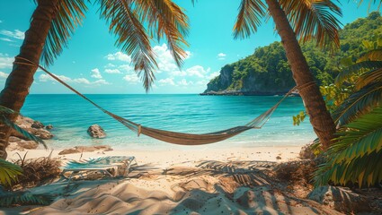 Hammock with palm trees on a tropical beach, summer sea in holiday background