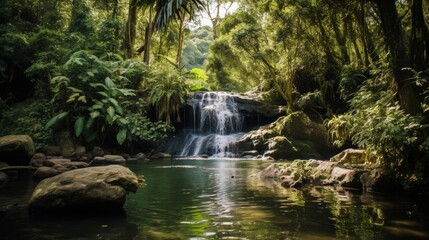 Majestic waterfall cascading into clear pool amid lush greenery, teeming with life.