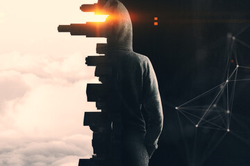Back view of hacker in hoodie standing on abstract concrete city and sunset polygonal background....