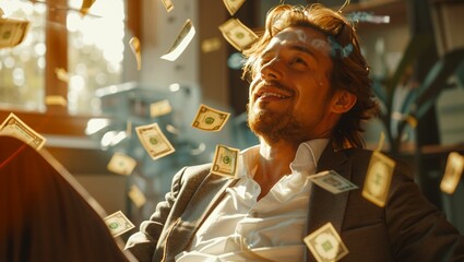 Obraz premium Businessman happy with lot of flying money in the office