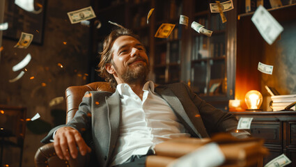 Businessman happy with lot of flying money in the office - obrazy, fototapety, plakaty