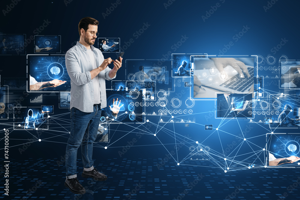 Poster Man engaging with a virtual interface for media streaming, showcasing content technology and online platform optimization