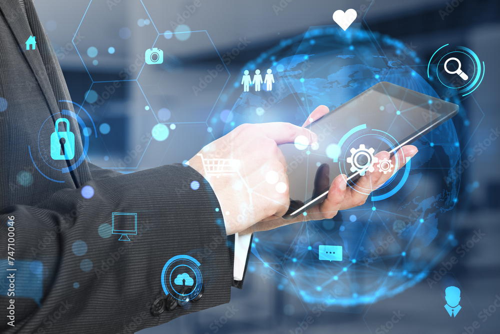 Poster Business professional using tablet with global network interface, market data analysis and digital technology concept