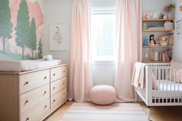 Fototapeta na wymiar Boho-Chic Nursery Room Ideas: Drawer Unit in Pastel Hues with Textile Touch