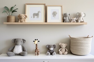 Boho-Chic Nursery Room Ideas: Fabulous Farmhouse Wooden Shelving & Plush Toys Inspiration. - obrazy, fototapety, plakaty