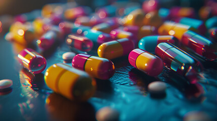 close-up of group of medicines capsules, pills, tablets, Generative AI - obrazy, fototapety, plakaty