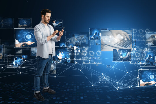 Man engaging with a virtual interface for media streaming, showcasing content technology and online platform optimization