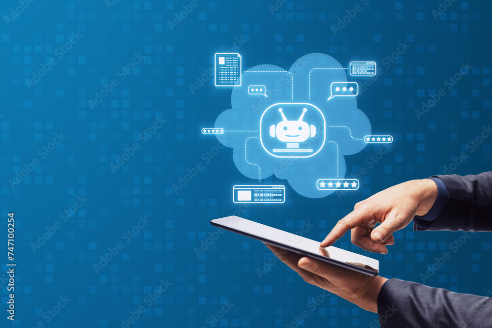 Poster close up of businessman hand pointing at cellphone with creative blue chat gpt hologram hud on blurr