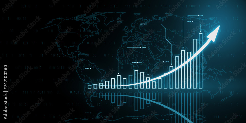 Poster creative growing blue business chart with map, binary code and arrows on wide blurry background. fut