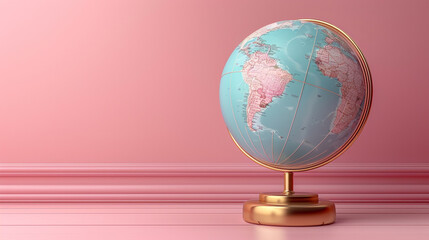Blue and Pink Globe on Gold Stand on a pink background