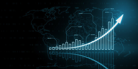 Creative growing blue business chart with map, binary code and arrows on wide blurry background. Future growth plan and company benefit concept. 3D Rendering.