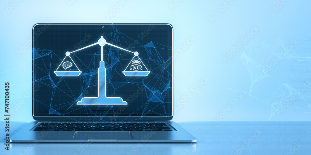 Aufkleber Concept of AI law, artificial intelligence regulations in glowing low polygonal style with brain and scale symbol on dark blue background. Laptop on desk with hologram and mock up place. 3D Rendering.