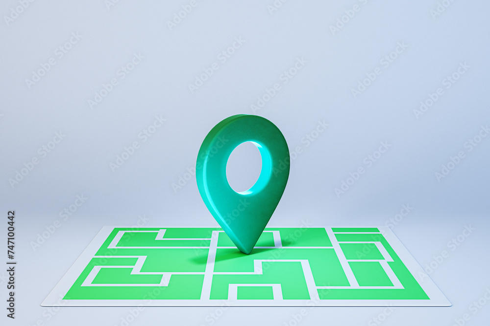Poster Creative map with green location pin on light background. GPS navigation concept. 3D Rendering.