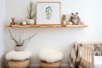 Fototapeta na wymiar Natural Slab Shelf Dreams: Boho-Chic Nursery Room Ideas & Accents