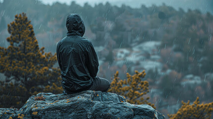 Person in a rain jacket sits contemplatively on a rock, overlooking a misty forest in the rain.