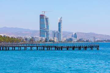 Limassol city at Mediterranean Sea in Cyprus. Modern coastal city with skyscrapers 