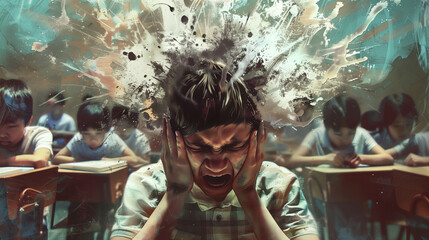 Boy screaming with a visual metaphor of head exploding in class. - obrazy, fototapety, plakaty