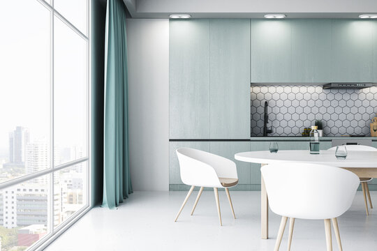 Contemporary kitchen design with large window and city view, minimalistic style. 3D Rendering
