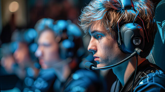 Focused e-sports gamer with headset in a lineup, intensely concentrated during a competitive match.