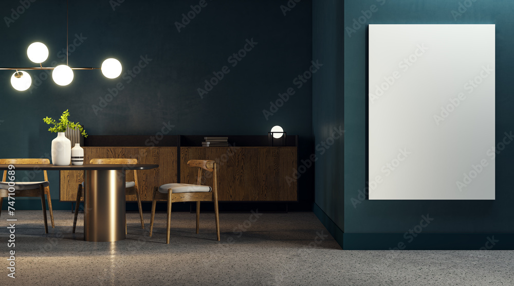 Poster elegant dining room with ambient lighting and minimalist design. interior sophistication concept. 3d