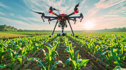 Agricultural drone flying over a green cornfield, utilizing advanced technology for crop monitoring