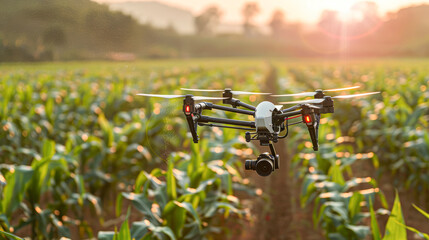 Naklejka premium Drone sprays fertilizers on a lush cornfield under the sunlight, highlighting modern agricultural practices.