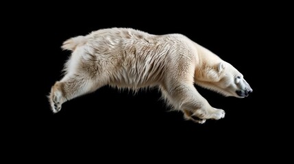Fototapeta premium Polar bear jump on a black background. Flying animal.