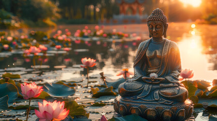A Buddha statue meditates among pink lotus flowers at sunset, symbolizing peace and enlightenment. Vesak Day
