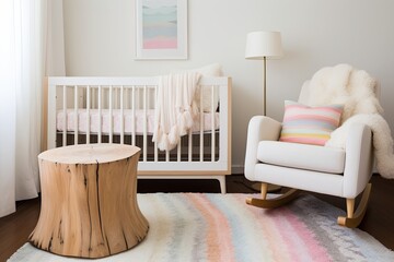 Boho Chic Nursery: Wood Stump Side Table & Pastel Rug Inspiration