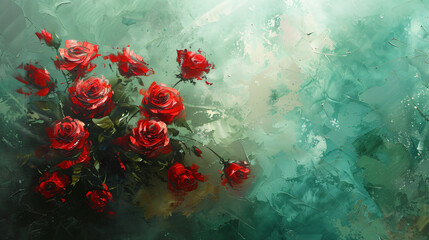 A Bouquet of Red Roses on a Green Background